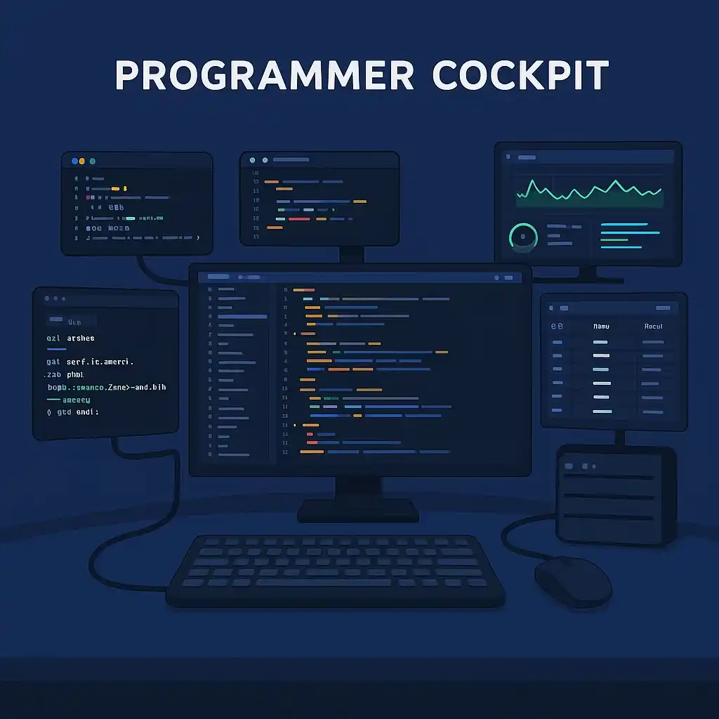 Pro developer multi-tasking screen with IDE, CLI, Git, DB, Monitoring